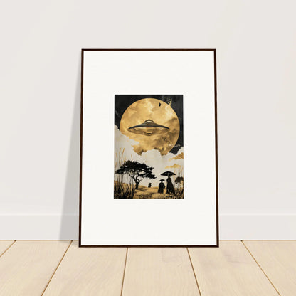 Surreal Framed Wall Art of a UFO and Moon for Unique Room Decor with Golden Serenade theme