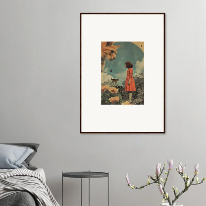 Framed wall art of a surreal scene with a figure in a red coat for feline dimensions