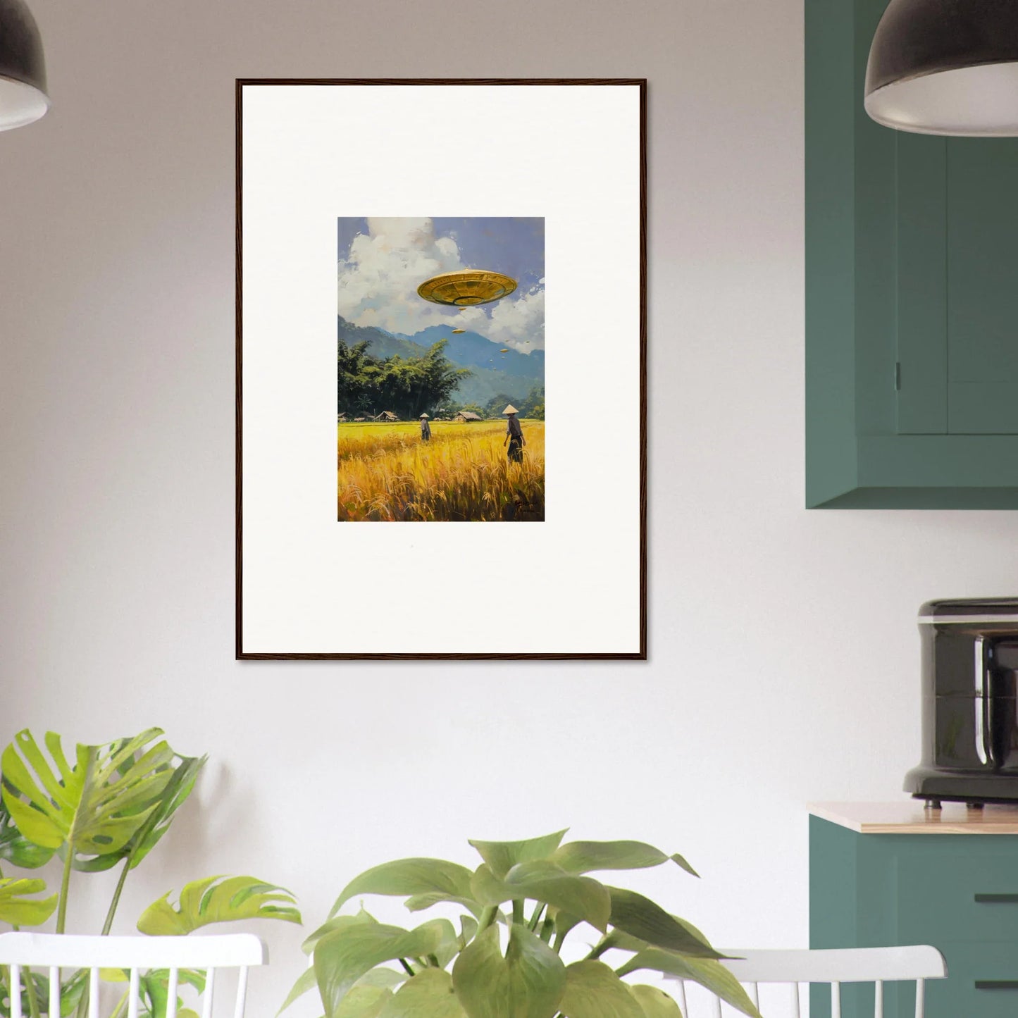 Framed wall art of a UFO over a golden field for unique Room Decor Circles Kabuki