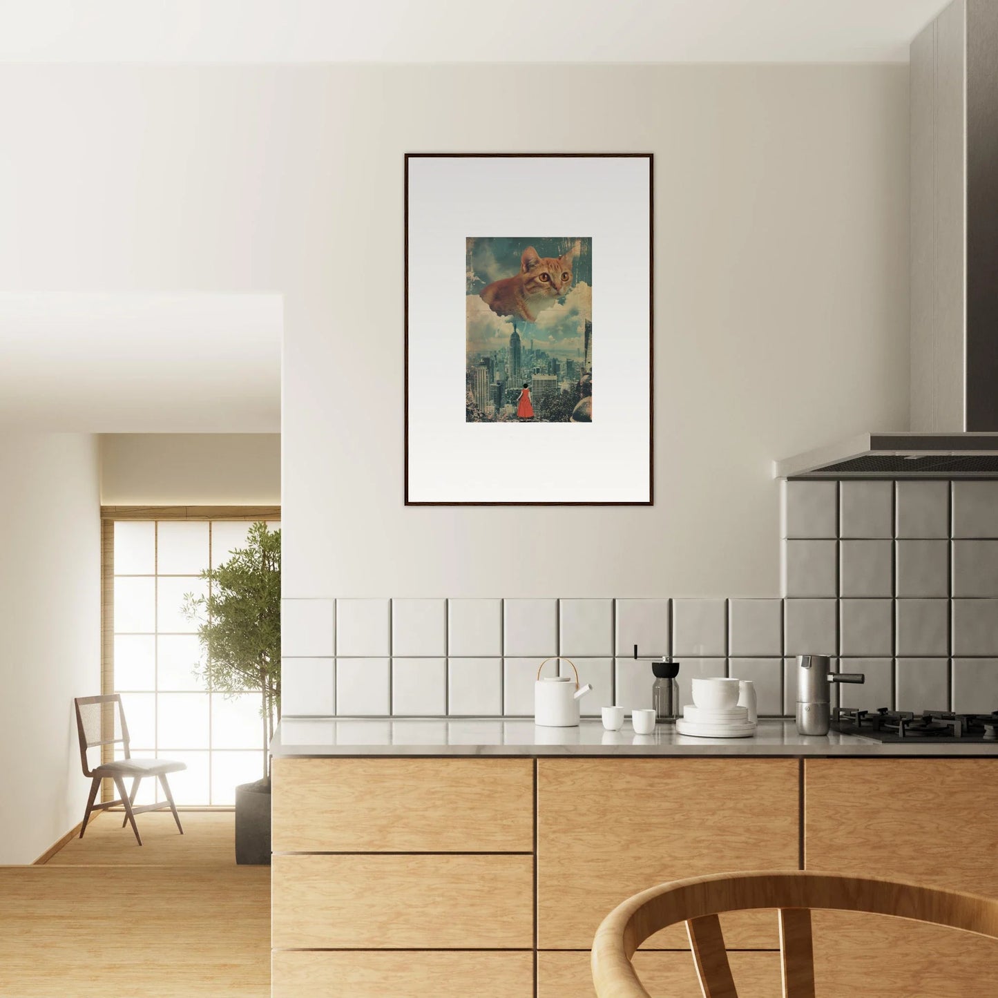 Framed wall art of a surreal goldfish in a cityscape, perfect for cloud ascent room decor