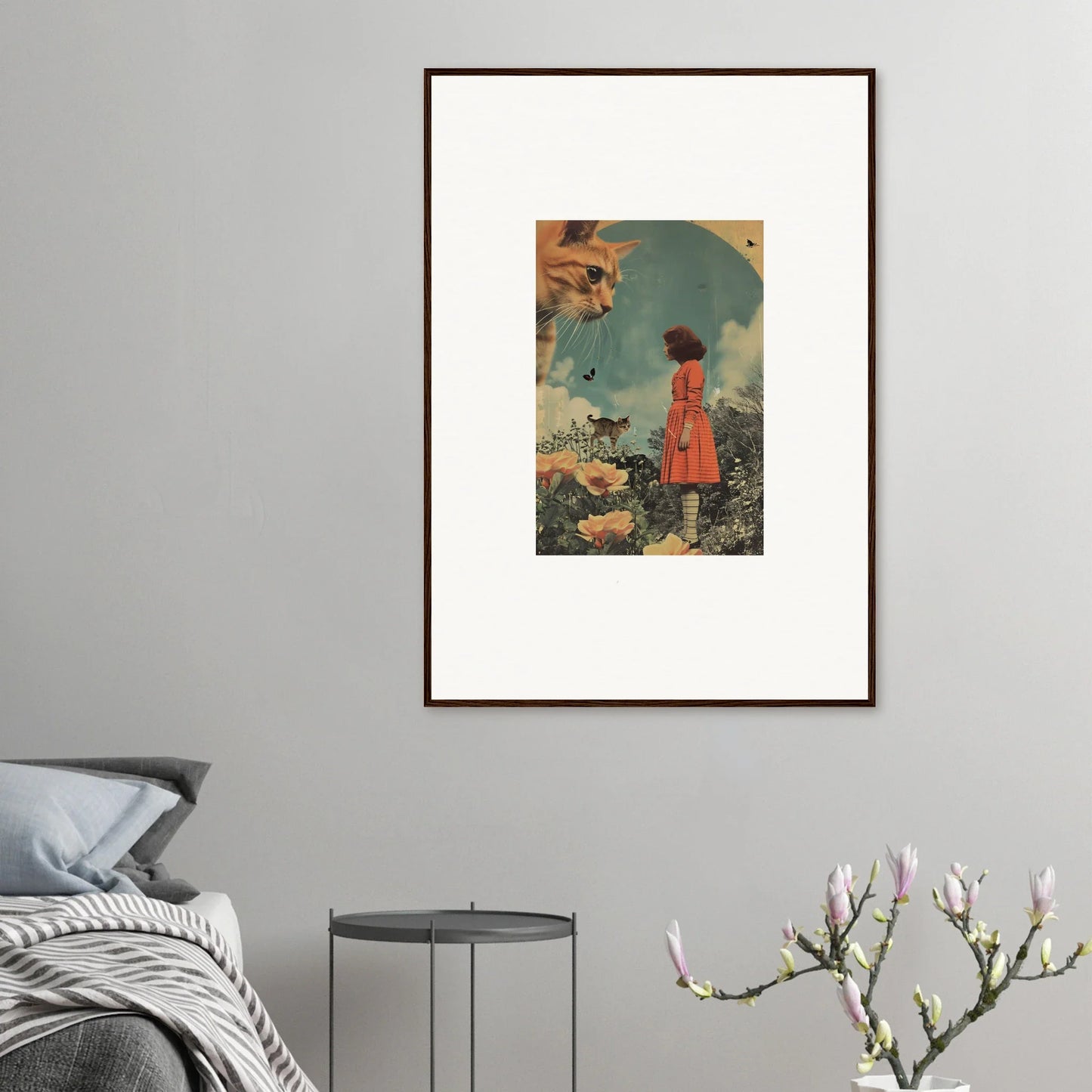 Surreal room decor featuring a figure in a red coat as framed wall art Kern Moment