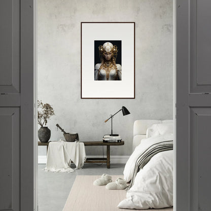 Framed wall art featuring a surreal skeletal figure from Gilded Cosmos for unique room decor