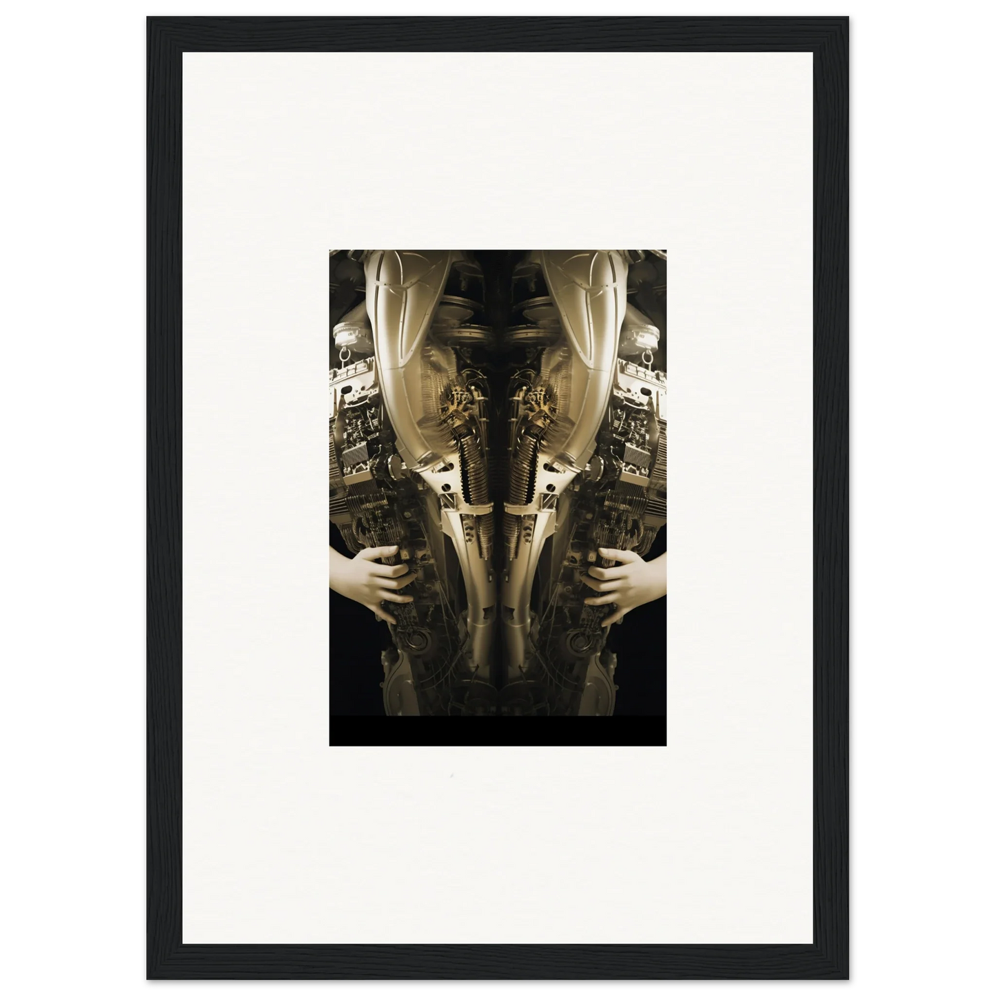 Framed wall art of a mirrored torso and hands, showcasing Entropic Elegance Quandary