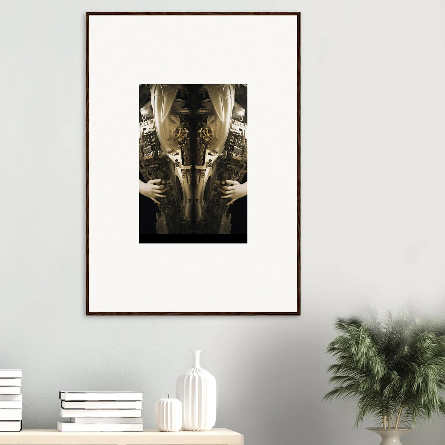 Framed wall art of a mirrored torso in ornate clothing for elegant room decor