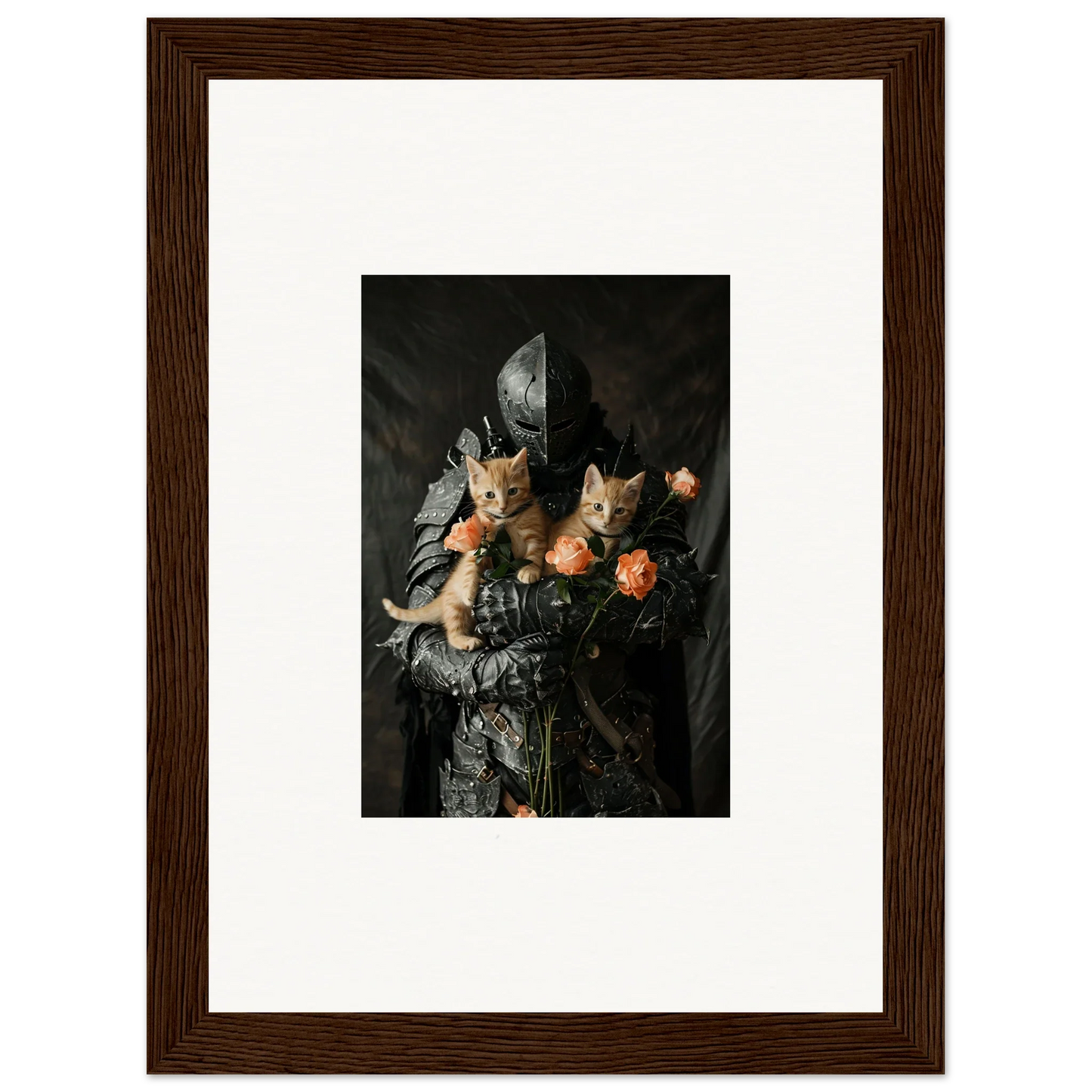 Framed wall art of Feline Serenade: two cats among flowers in dark still life