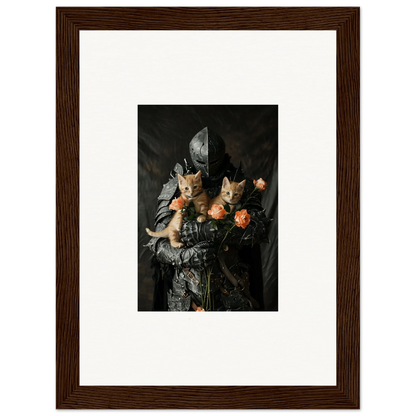 Framed wall art of Feline Serenade: two cats among flowers in dark still life