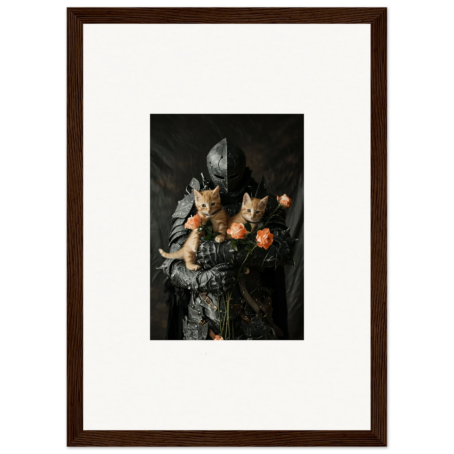 Framed wall art of two cats with flowers in a dark still life for elegant room decor