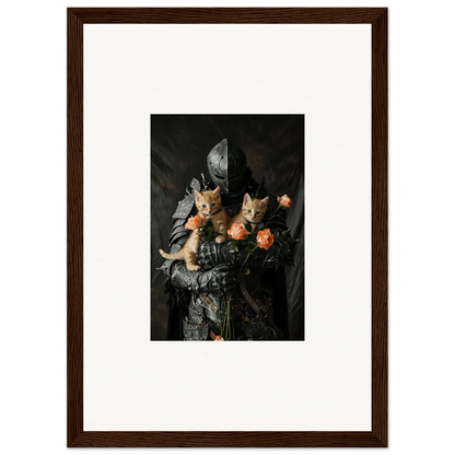 Framed wall art of two cats with flowers in a dark still life for elegant room decor