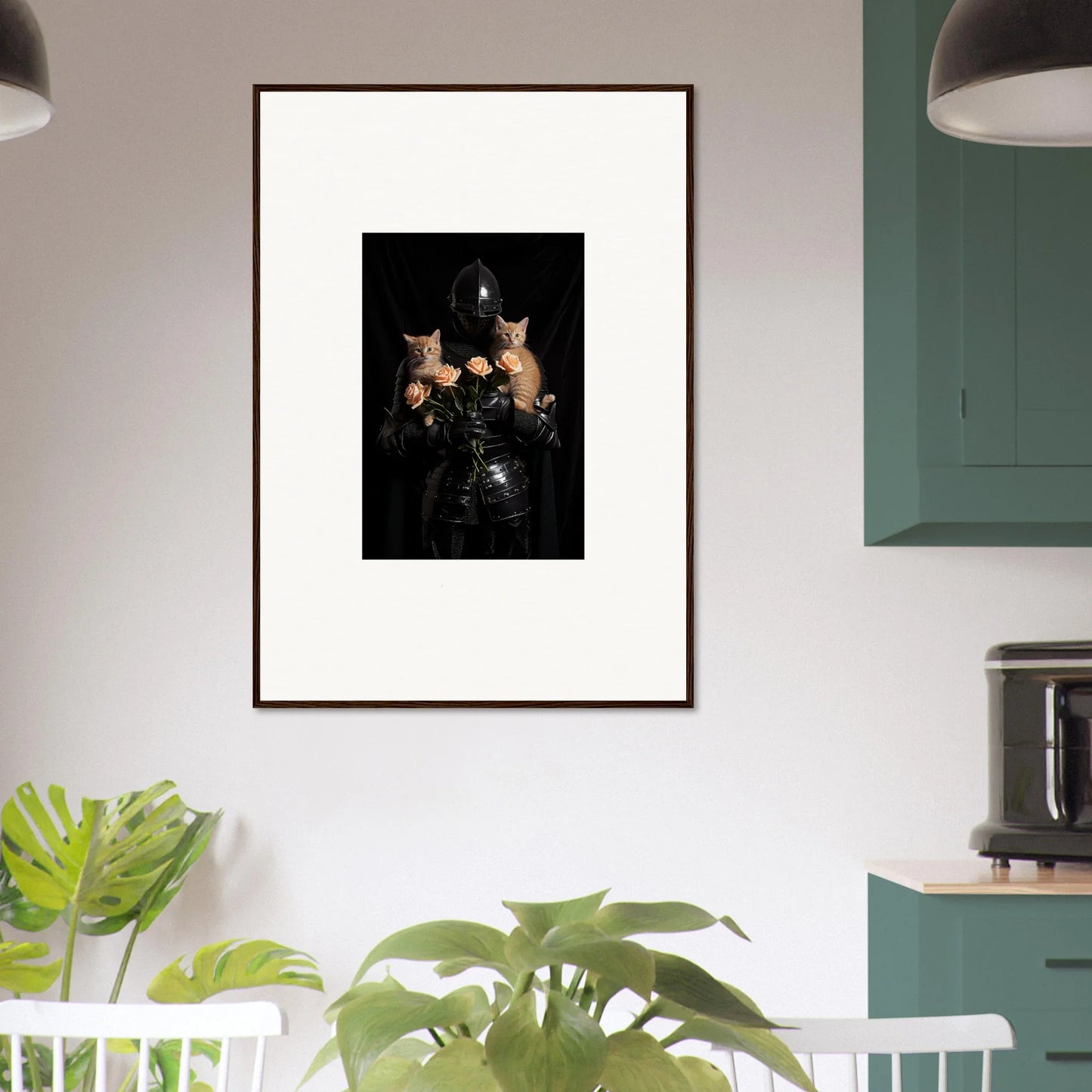 Framed wall art featuring two cats and a black bottle, perfect for floral epiphany room decor