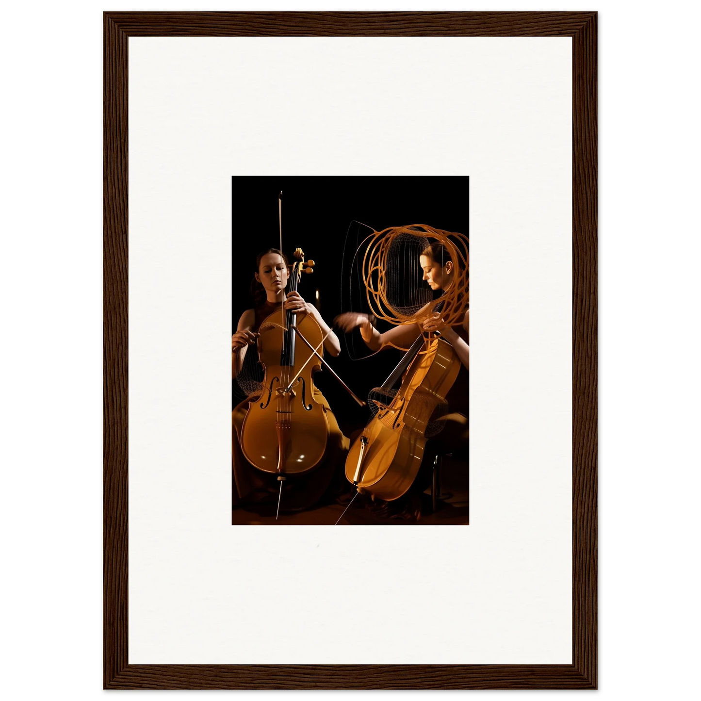 Framed wall art of two cellists in dramatic lighting, perfect for stylish room decor