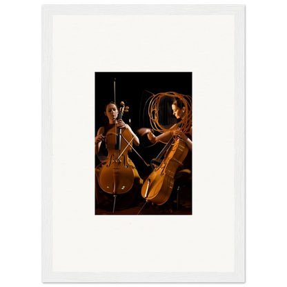 Framed wall art of two cellists performing with dramatic lighting, ideal room decor