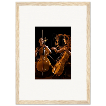 Framed wall art of two cellists in dramatic lighting enhances room decor