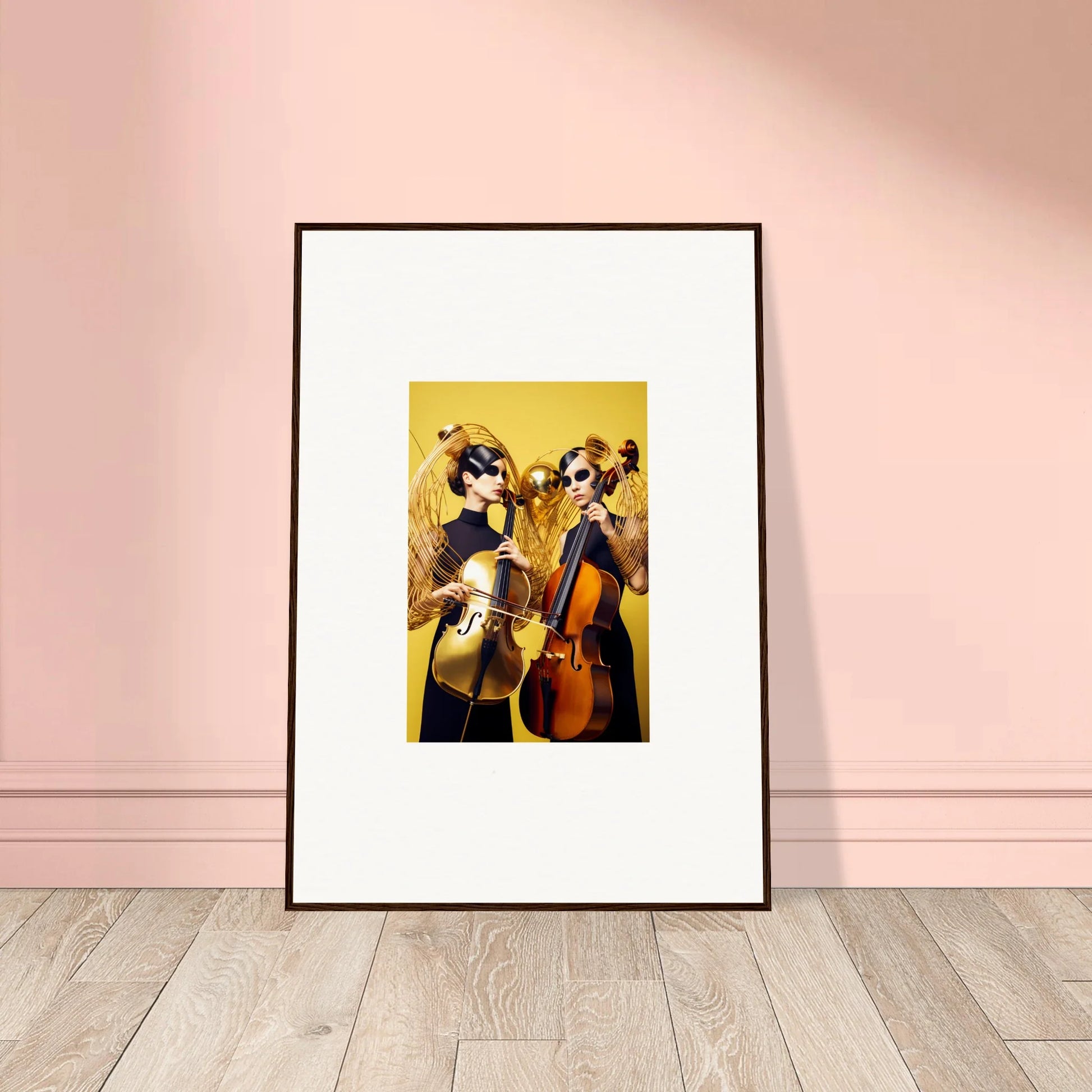 Framed wall art of two dogs playing instruments with a yellow background for room decor