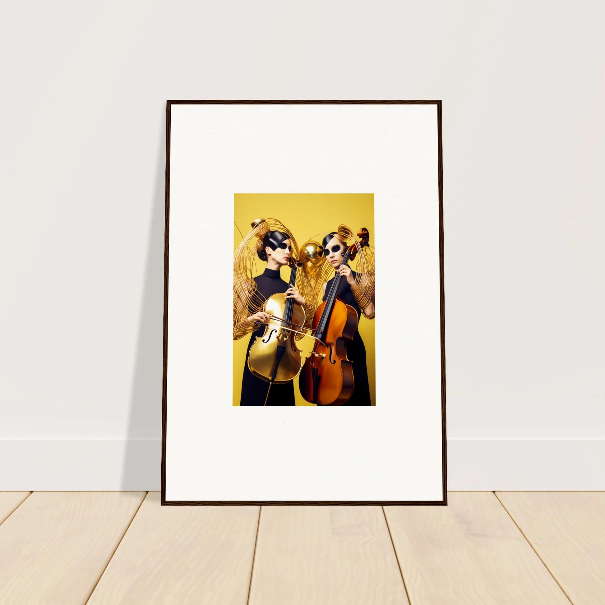 Framed wall art featuring two dogs playing instruments in vibrant yellow, perfect room decor