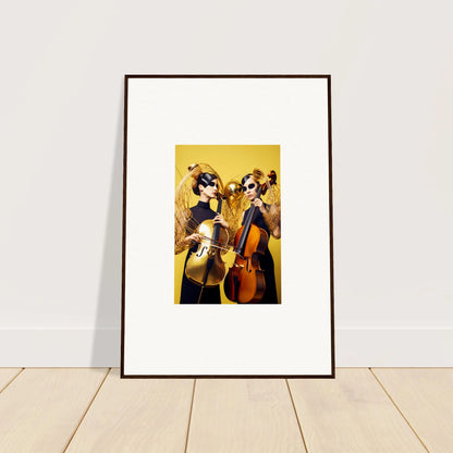 Framed wall art featuring two dogs playing instruments in vibrant yellow, perfect room decor