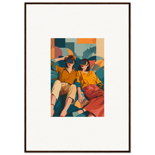 Framed wall art of two figures in yellow tops, colorful skirts for stylish room decor