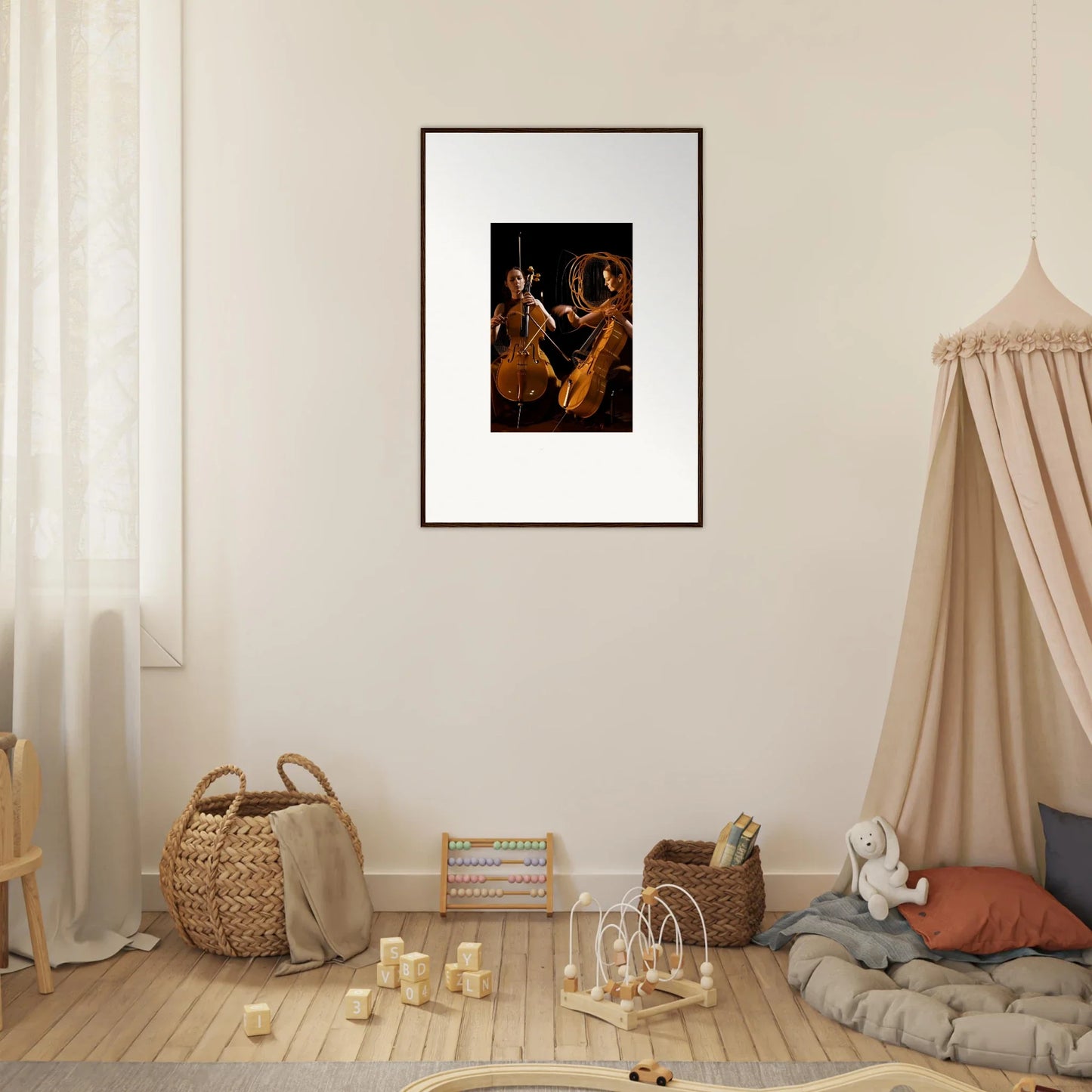 Framed wall art featuring two figures with stringed instruments in dramatic style