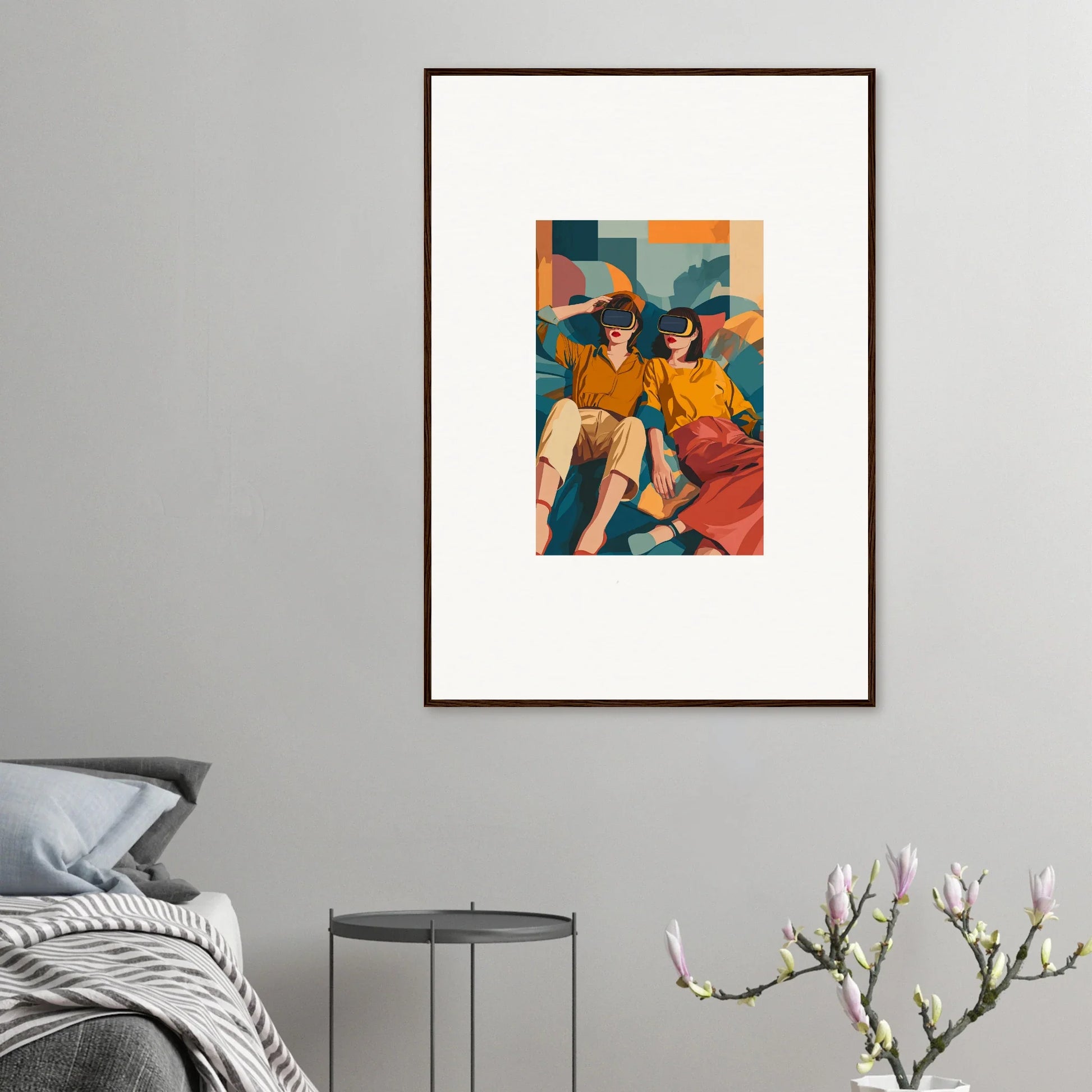 Framed wall art of two figures in yellow and orange for vibrant Matrix Enigma room decor