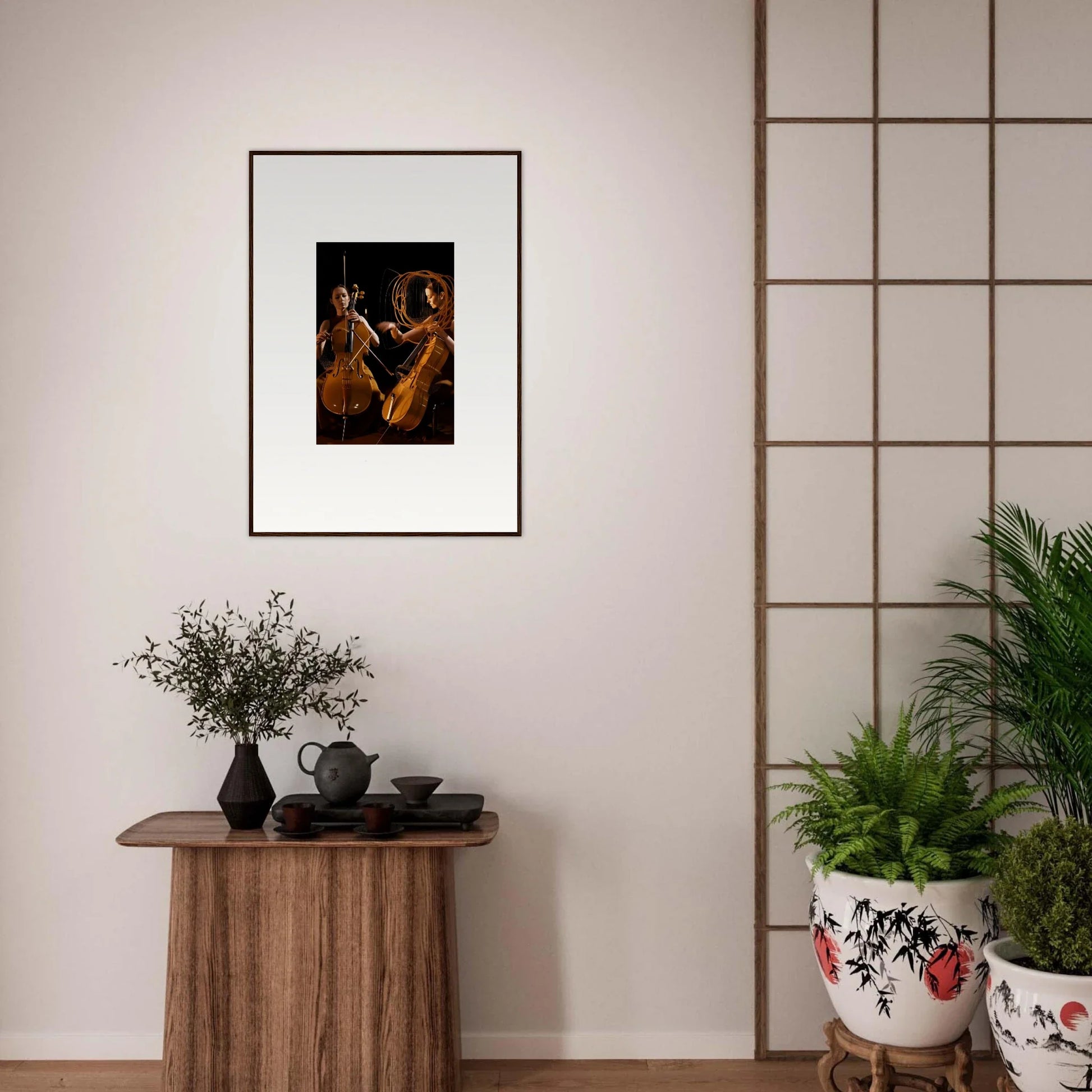 Framed wall art of two figures in a dark setting, perfect for room decor