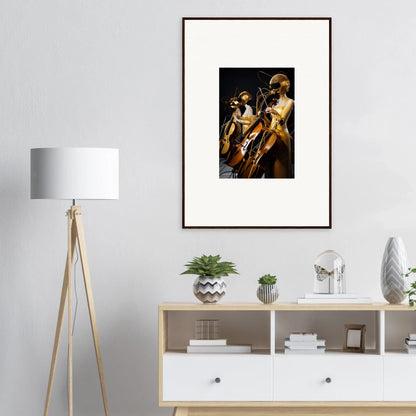 Framed wall art of two musicians enhances room decor with Electric Amber Crescendo