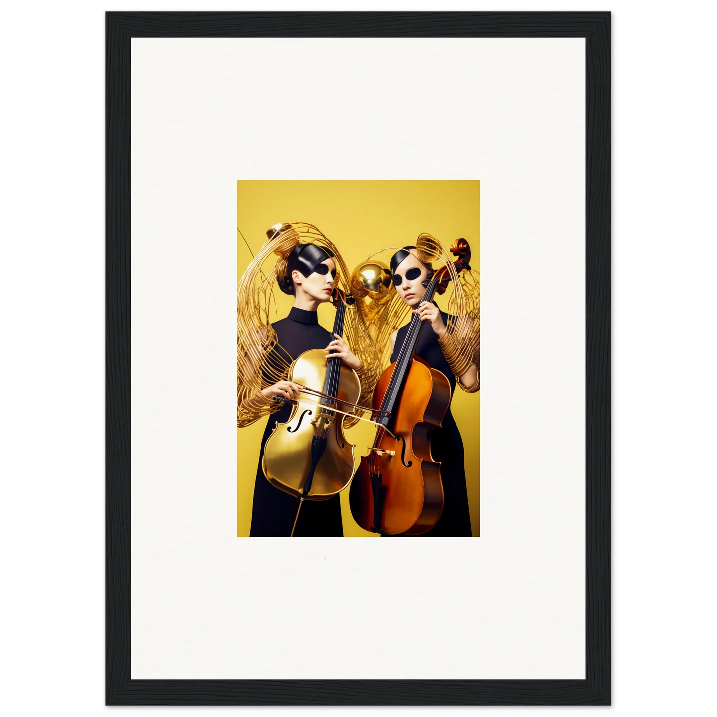 Framed wall art of musicians playing cellos, perfect for room decor and dive illusions