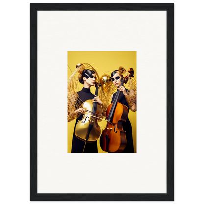 Framed wall art of musicians playing cellos, perfect for room decor and dive illusions