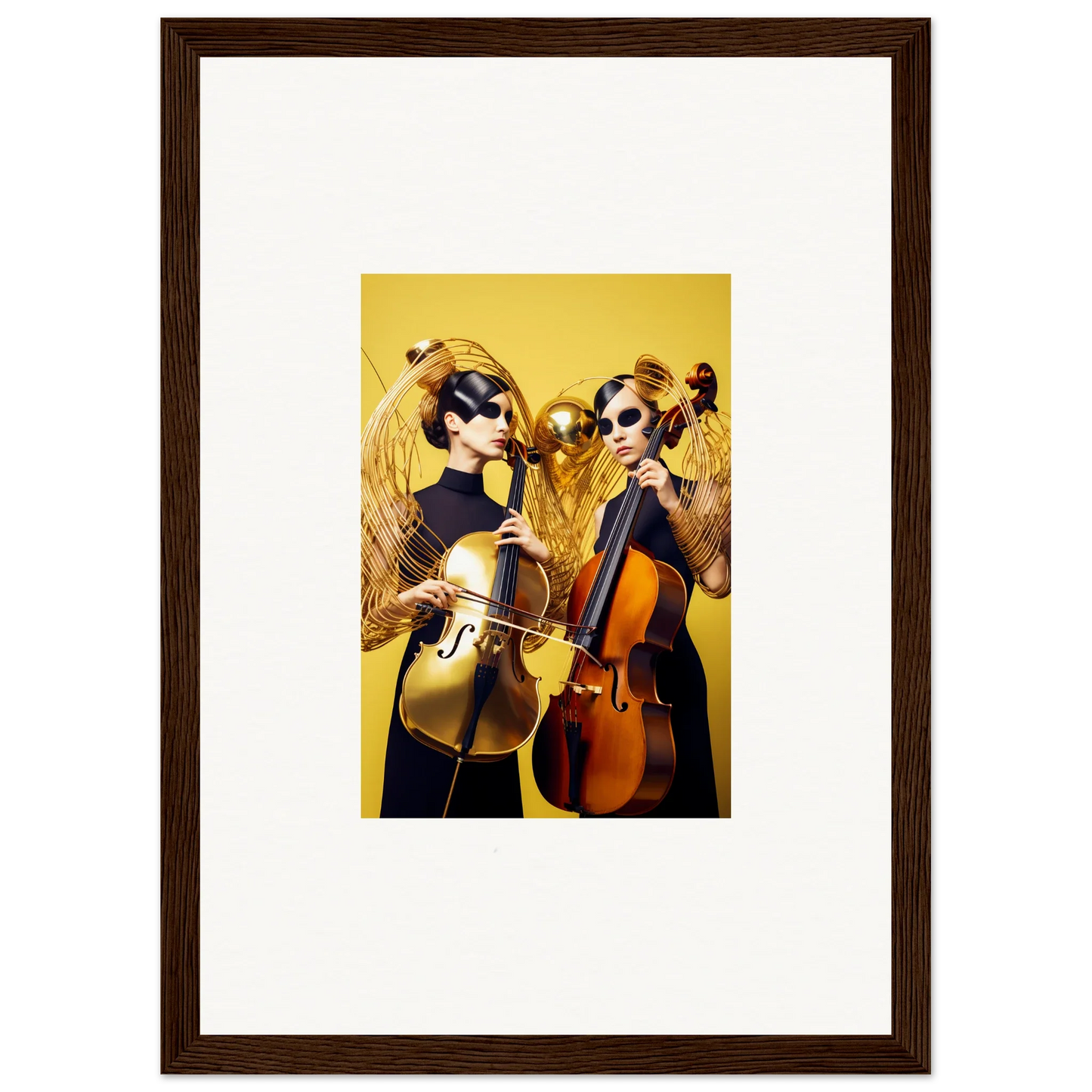 Framed wall art of musicians playing cellos, perfect for room decor and Dive Illusions