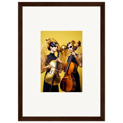 Framed wall art of musicians playing cellos, perfect for room decor and Dive Illusions