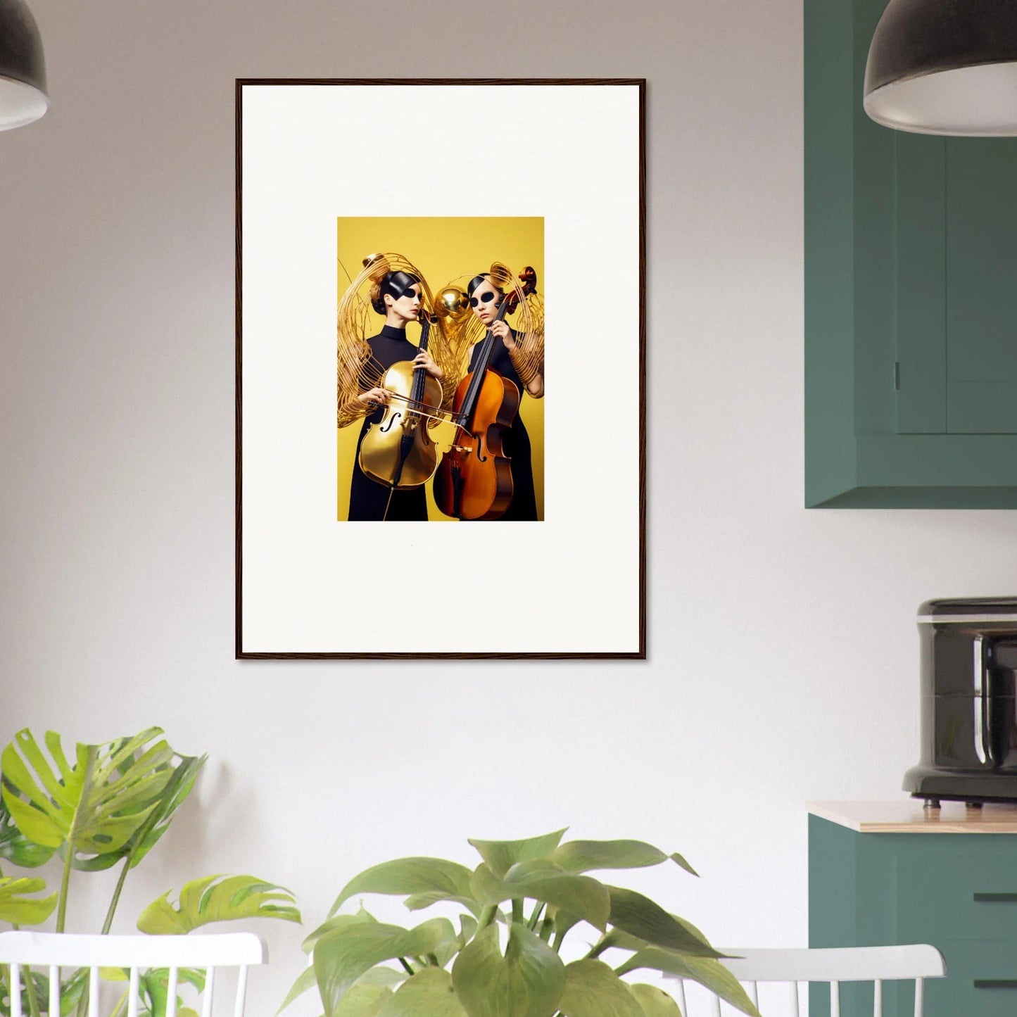 Framed wall art of two musicians playing cellos, vibrant dive illusions for room decor