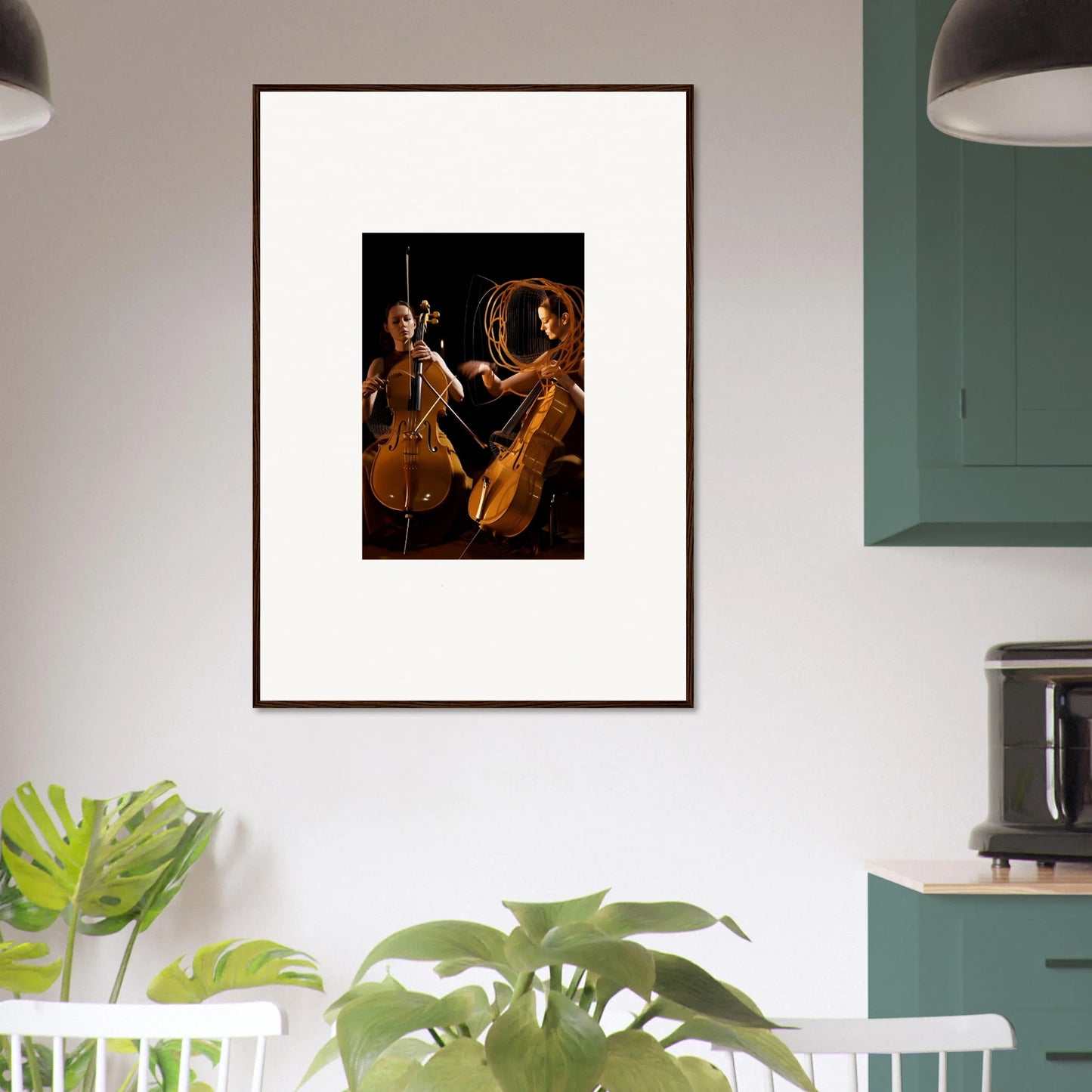 Framed wall art of two musicians playing stringed instruments for stylish room decor