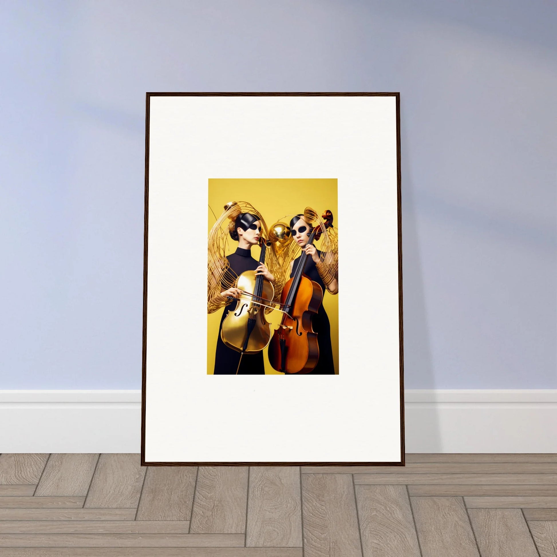 Framed wall art of musicians with cellos for unique room decor, Dive Illusions design