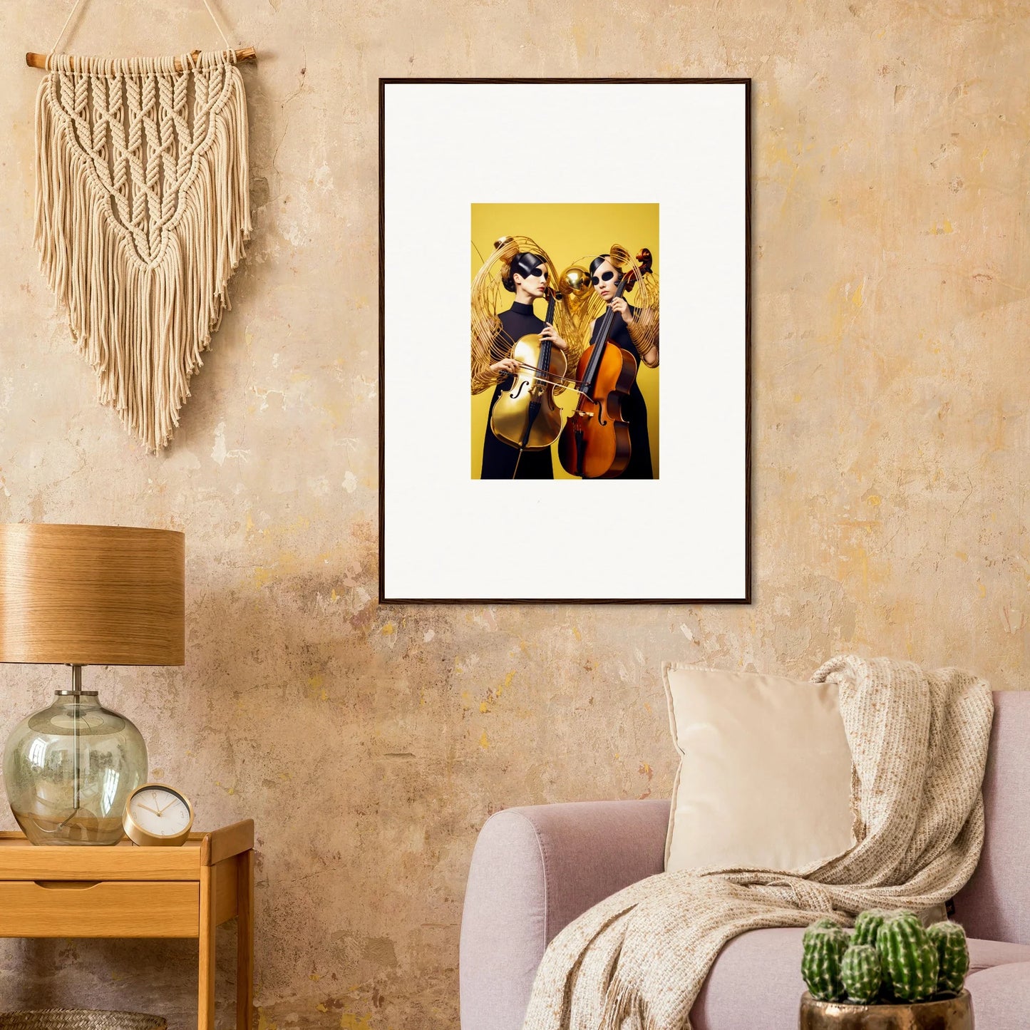 Framed wall art of musicians with string instruments for vibrant room decor inspired by dive illusions