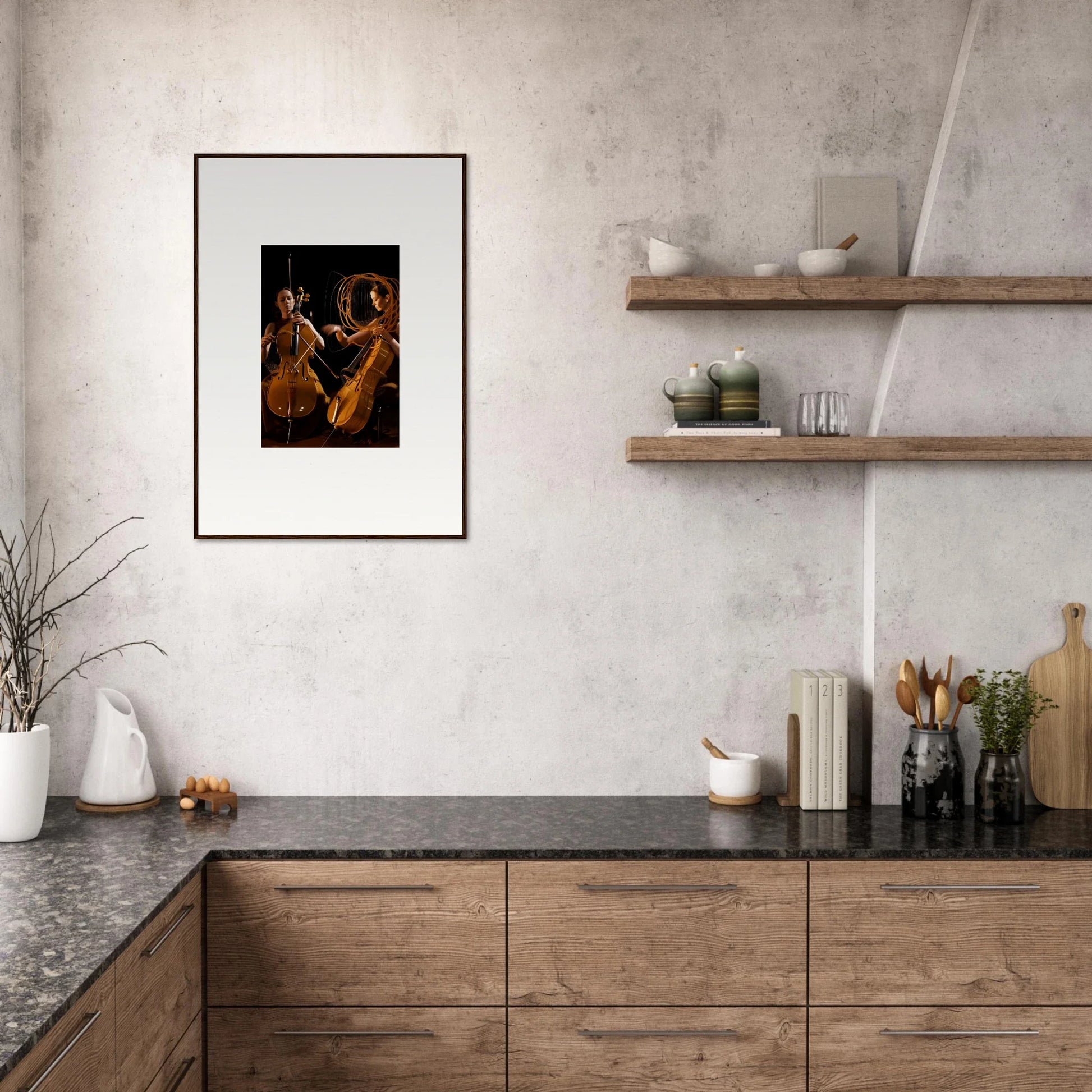 Framed wall art of two musicians with stringed instruments for elegant room decor