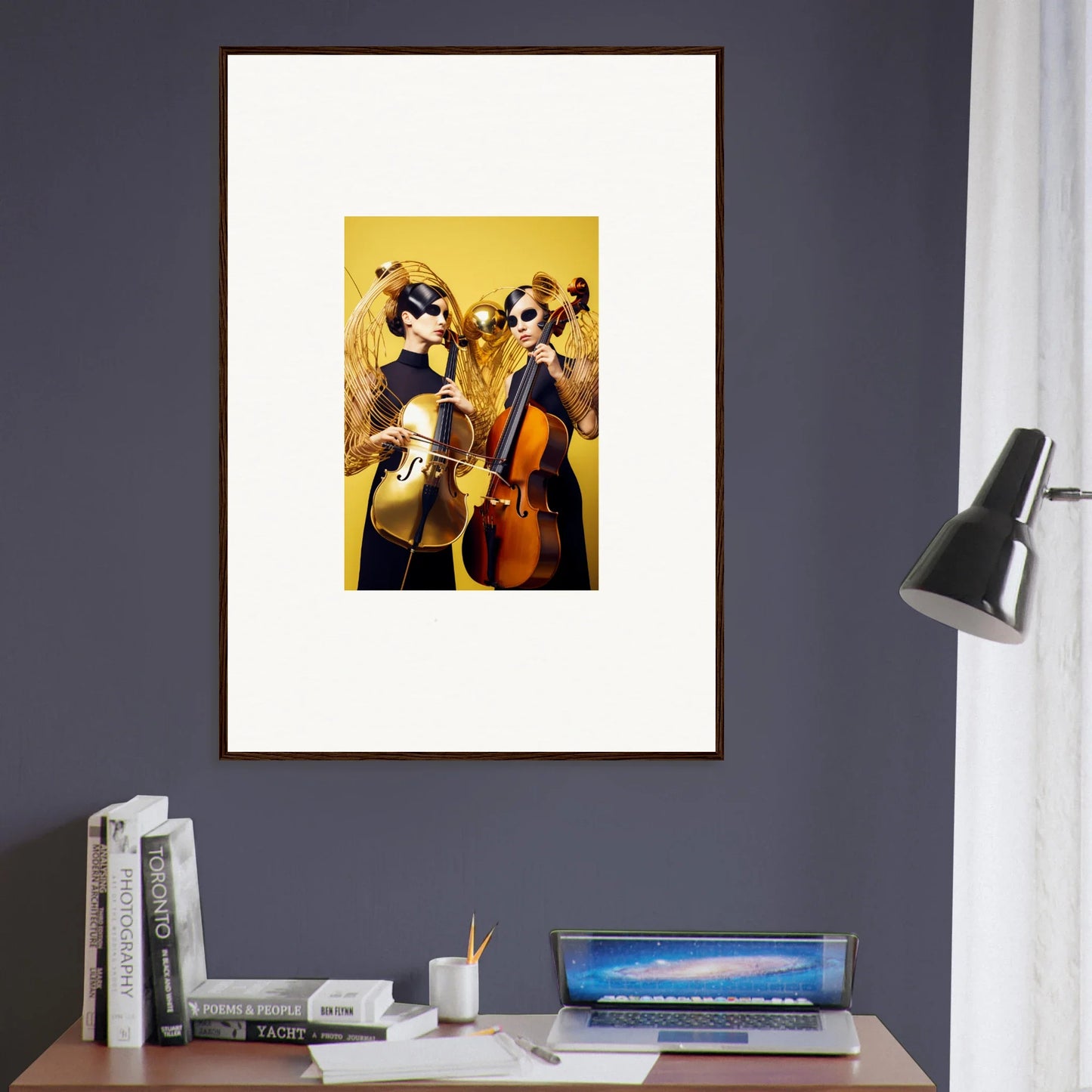 Framed wall art of musicians playing instruments, perfect for room decor and Dive Illusions