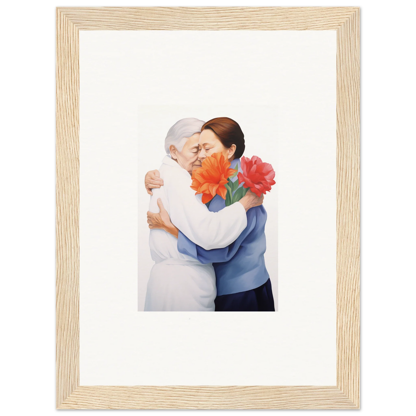 Framed wall art of two people embracing with orange flowers for vibrant room decor