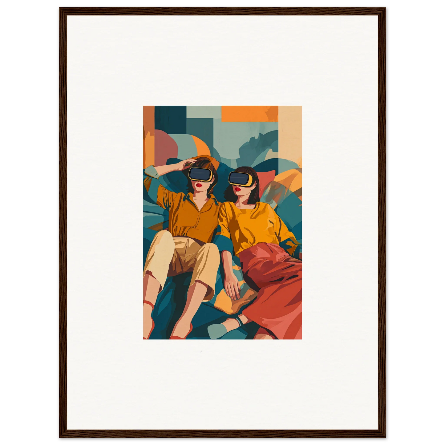 Framed wall art of two people in yellow shirts enjoying Matrix Enigma virtual reality