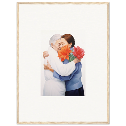 Framed wall art of two people embracing with orange flowers, perfect for room decor