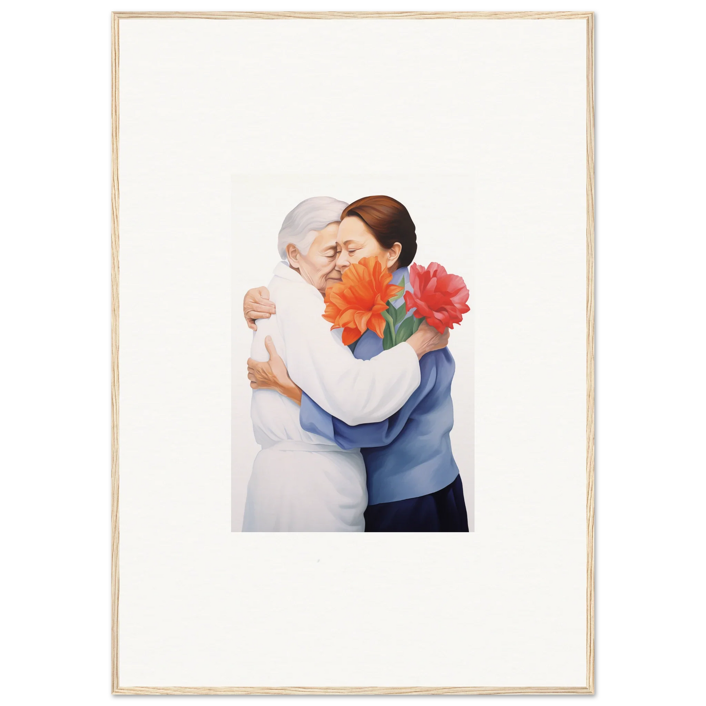 Framed wall art of two people embracing with orange flowers for stylish room decor