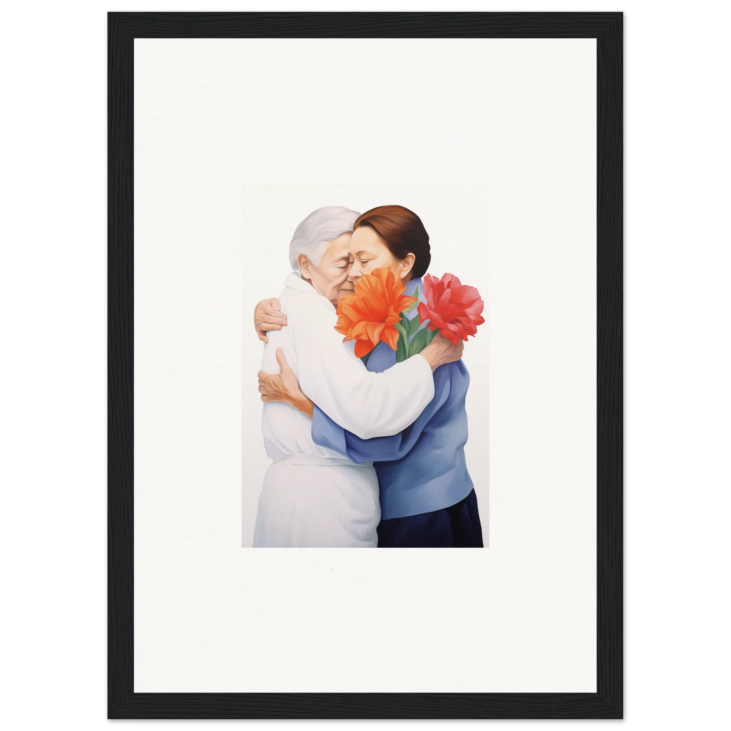 Framed wall art of two people embracing with red flowers for stylish room decor