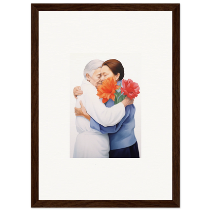 Framed wall art of two people embracing with red flowers, perfect for room decor