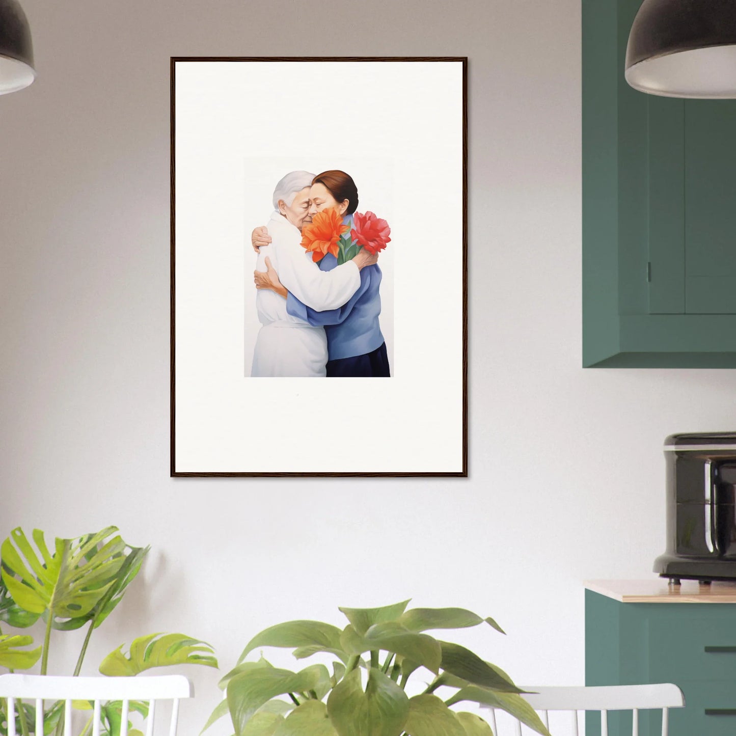 Framed wall art featuring two people embracing with vibrant floral designs for room decor