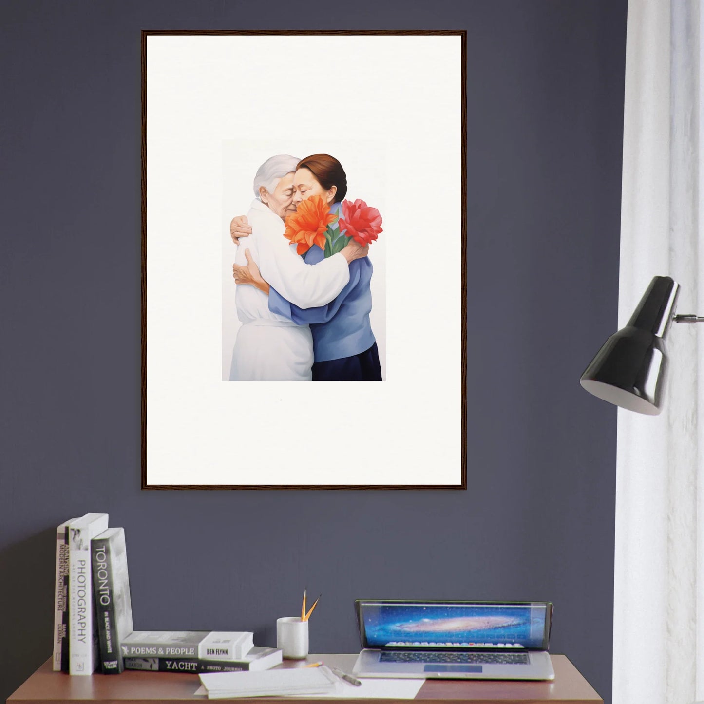 Framed wall art of two people embracing with flowers, ideal for room decor