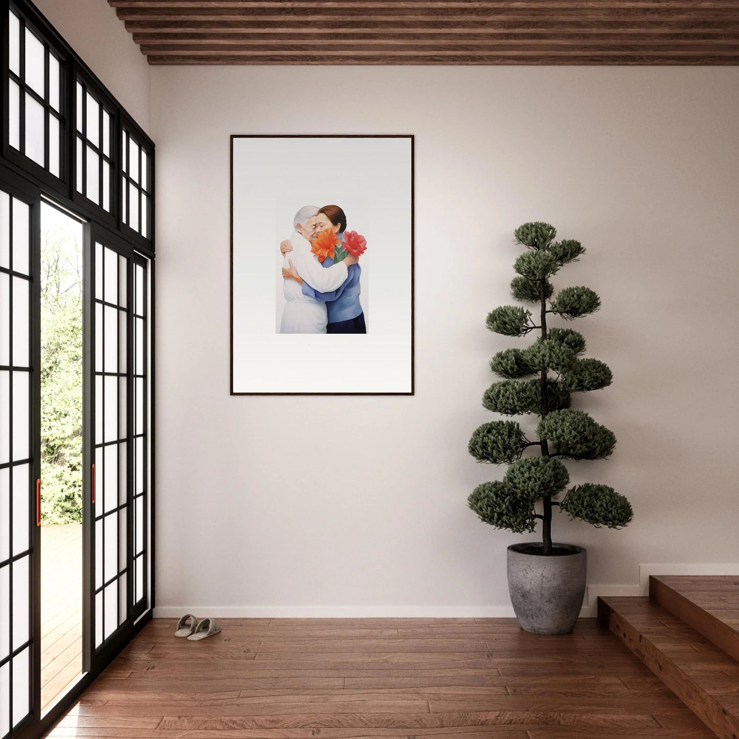 Framed wall art of two people embracing with a red heart for stylish room decor