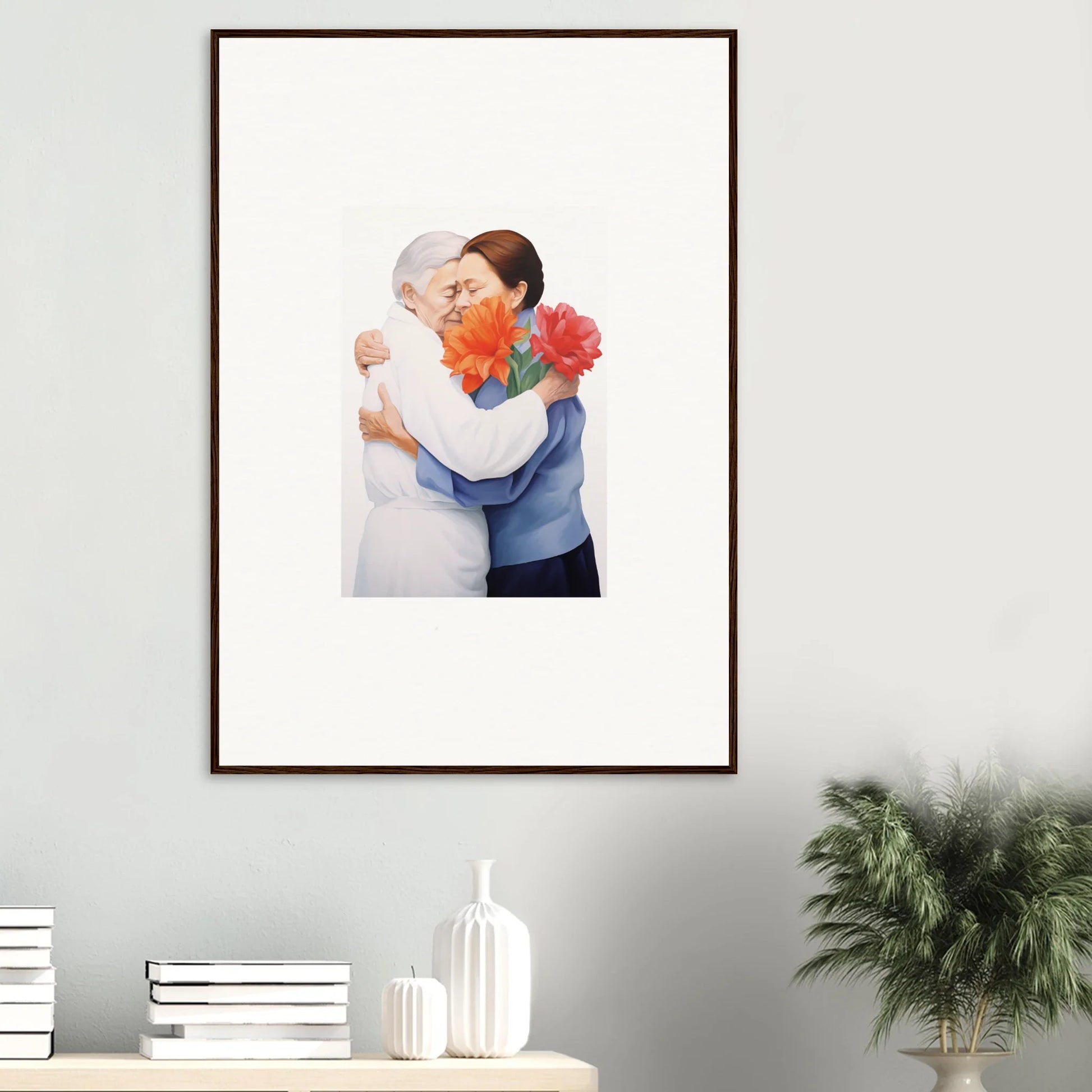 Framed wall art of two people embracing with colorful flowers, ideal for room decor