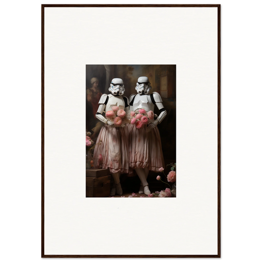 Framed wall art of Stormtroopers in pink tutus adds whimsy to your room decor amidst echoes