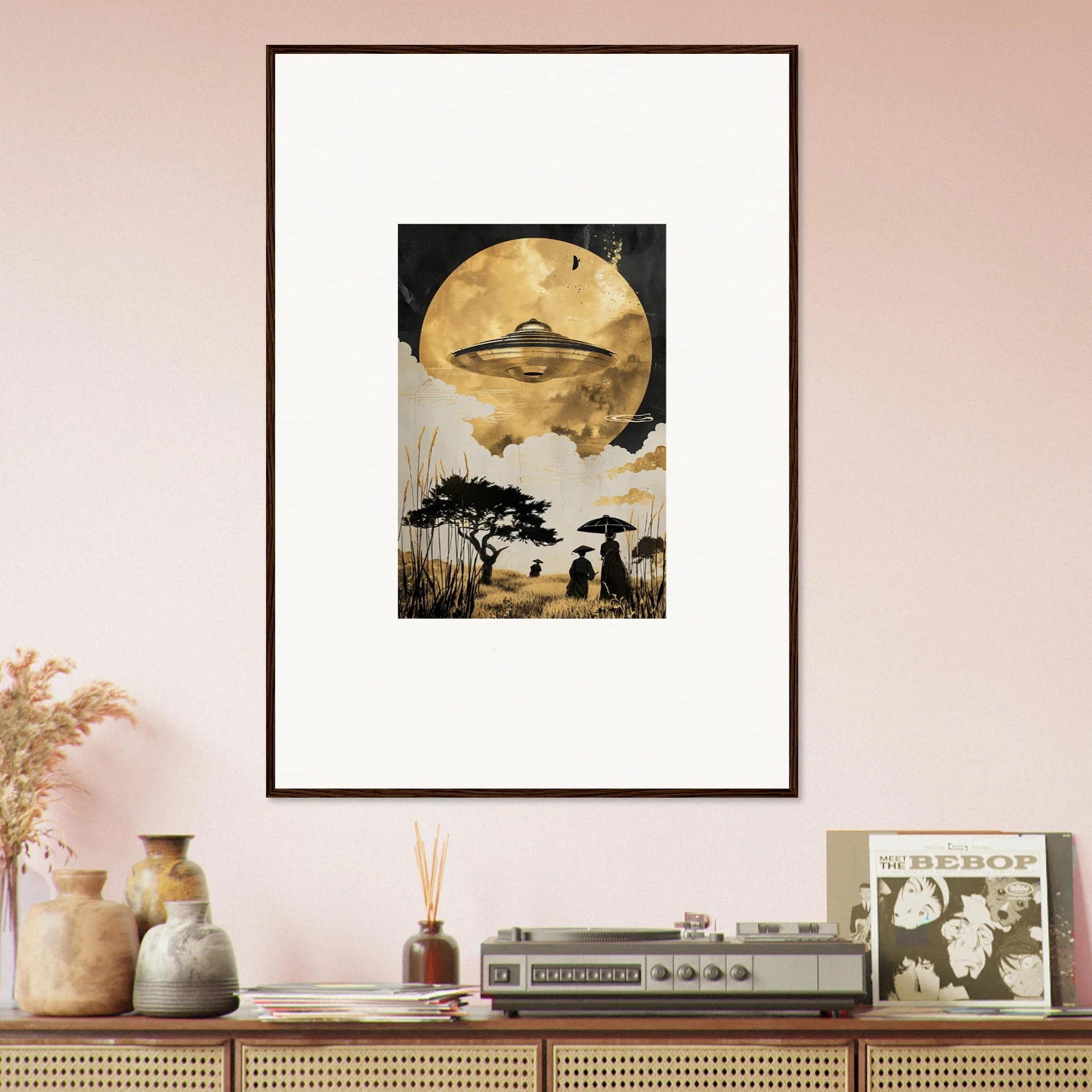 Framed wall art of a UFO over an African savanna in Golden Serenade room decor