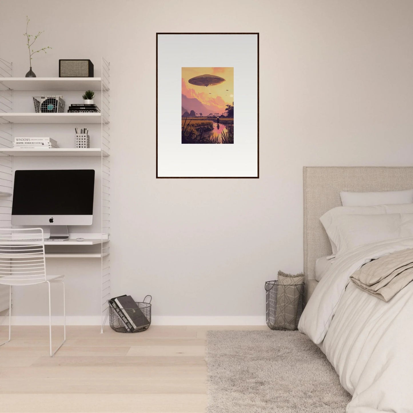 Framed wall art of mindship landing over a cityscape at sunset for unique room decor