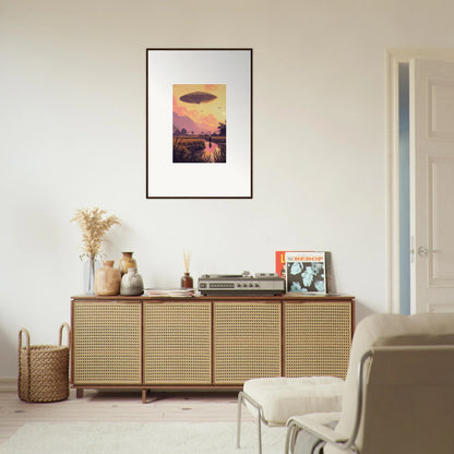 Framed wall art of a mindship landing over a sunset cityscape for unique room decor