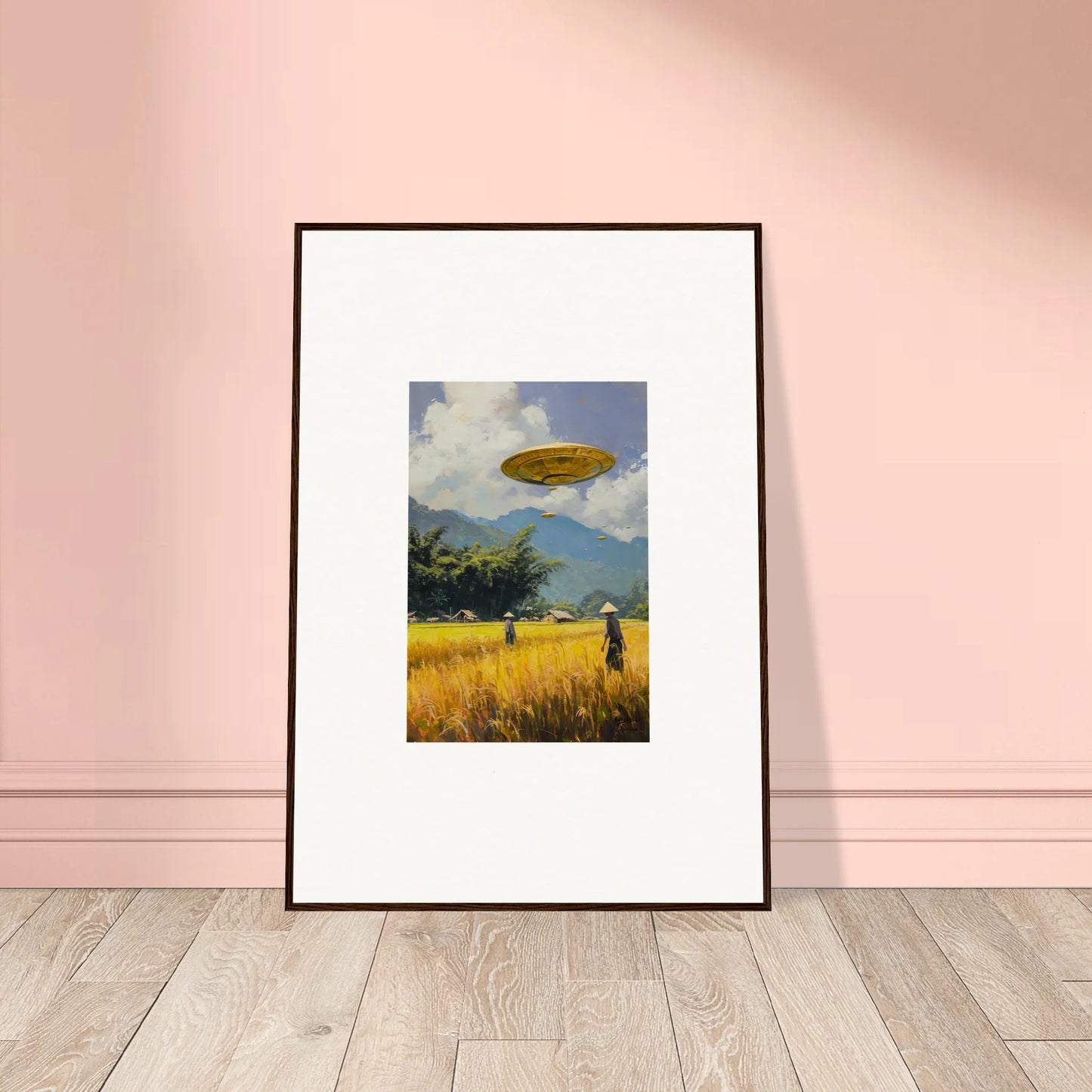 Framed wall art of a UFO over a field, perfect for circles kabuki room decor