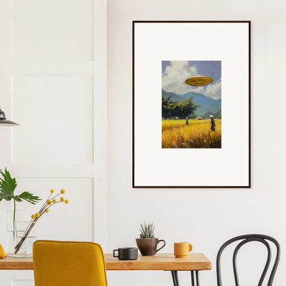 Framed wall art featuring a UFO over a golden field for unique room decor